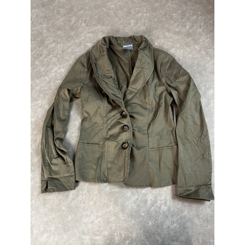 Geiger Women Button Pockets Long Sleeve Collar Cotton Blend Green Blazer Coat 38